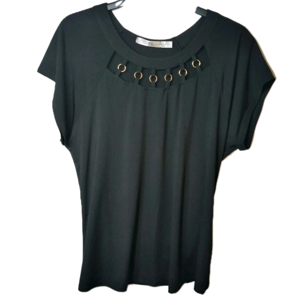 Wmns CURE Short Sleeve Black Blouse Neck Cut Out W/Gold Accent Rings Sz M Goth